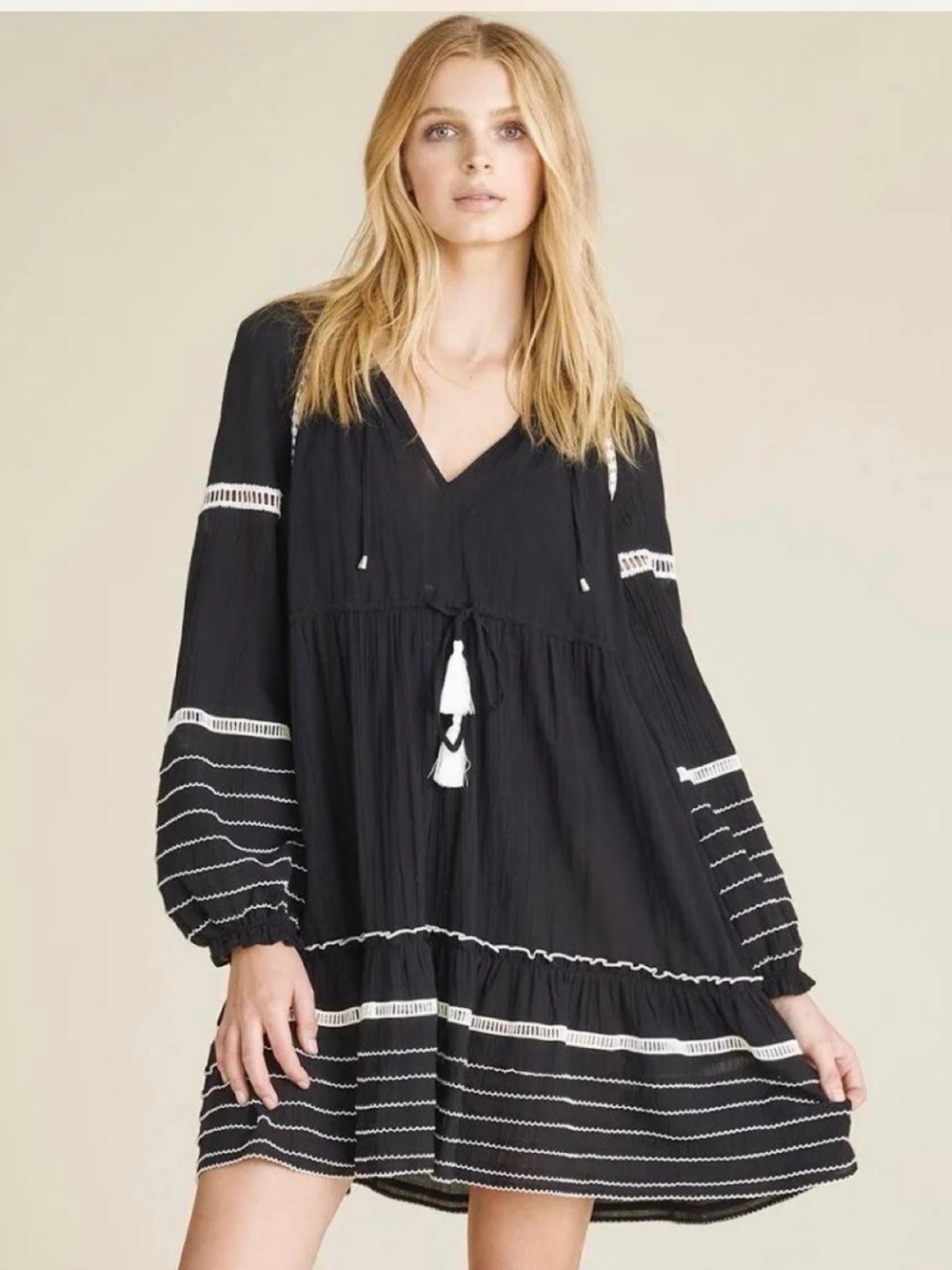 Veronica Beard Black Mini Dress with White Tassel Trim